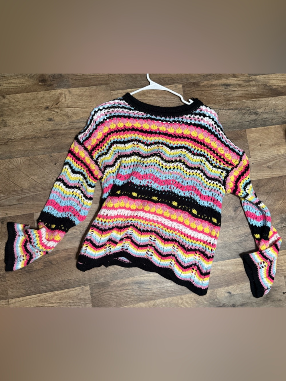 Bright Multicolor Crochet Scoop Sweater with Black Trim